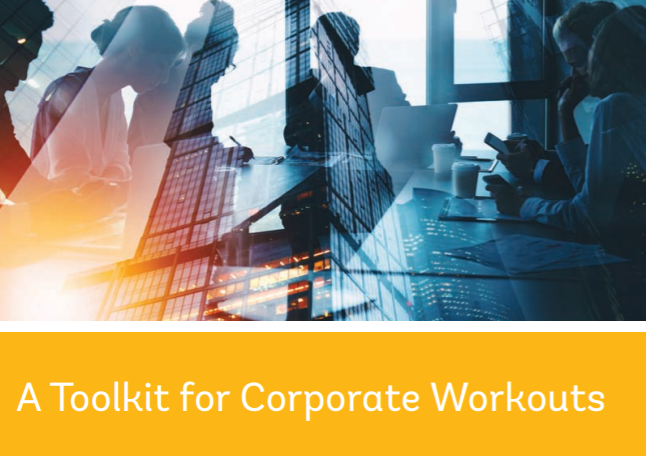 People in a meeting with a blue filter and the words: Toolkit for Corporate Workouts