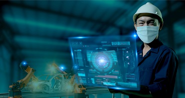 Worker with hat and mask, with a artificial intelligence square image on his hands