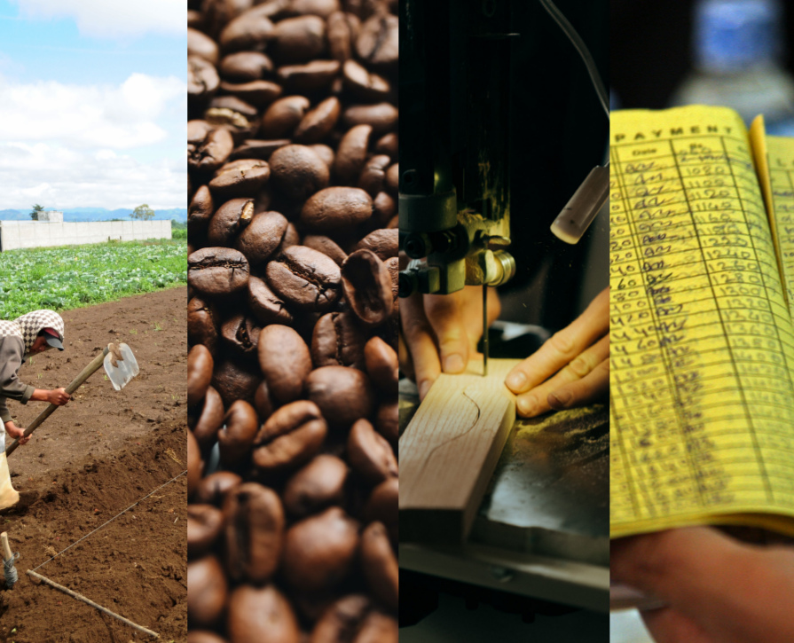 Publication Cover of a farmer, coffee beans, machine and paper in color