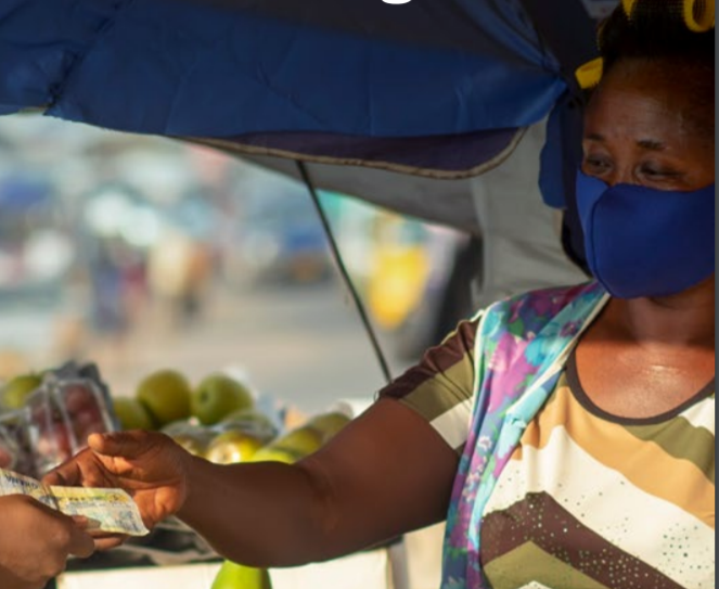 Woman with mask and delivering a bill