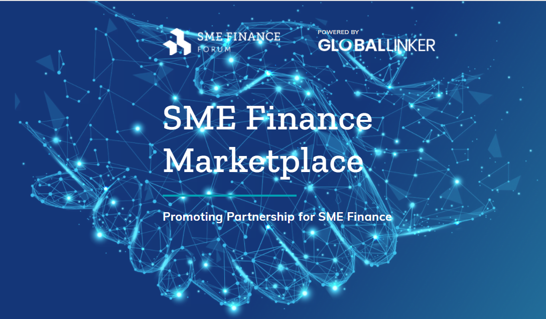 Drawing of handshake in blue with SME Finance Forum Logo and title SME Finance Marketplace