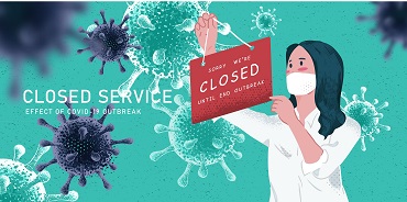 Woman with mask with a closed sign with virus image on background