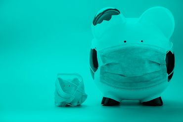 Two piggy banks with masks, one large, one small.