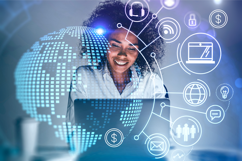 African woman with computer and signs of digital transactions, and a globe