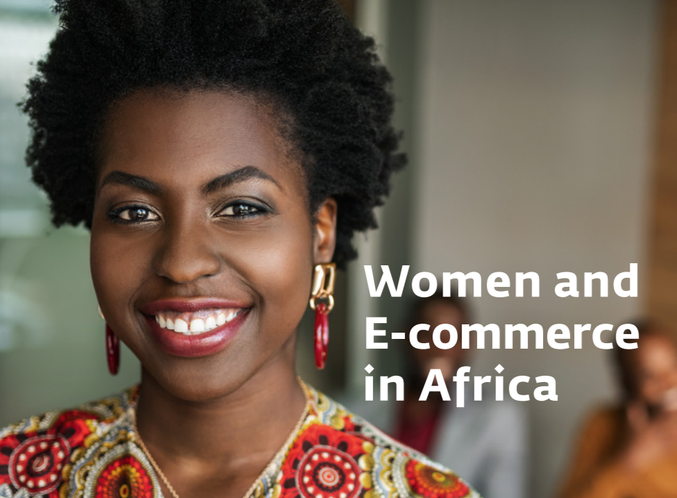 Close up of African woman smiling with title Women and E-commerce in Africa