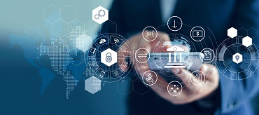 Man in suit with phone in hand and icons plus a map
