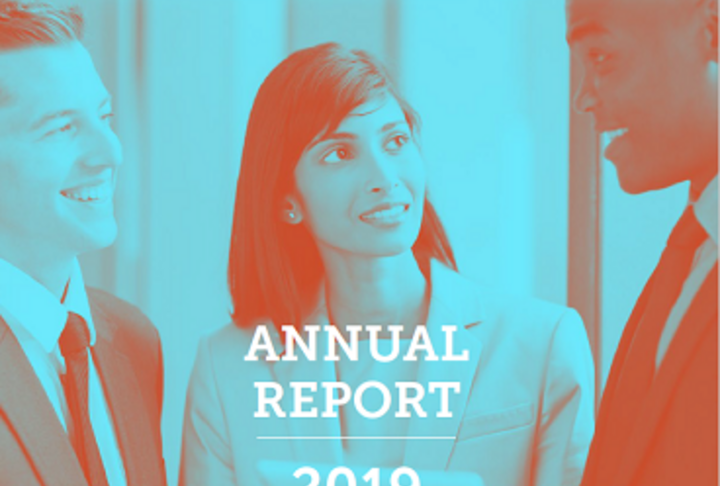 2019 Annual Report Cover with business woman in the center looking at an african-american business man