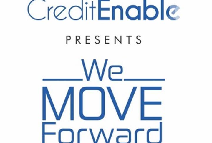 CreditEnable presents We Move Forward in white background with blue letters