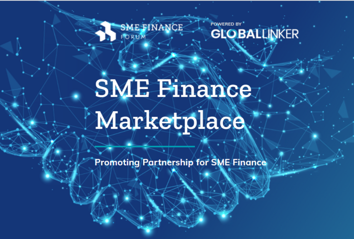 Drawing of handshake in blue with SME Finance Forum Logo and title SME Finance Marketplace