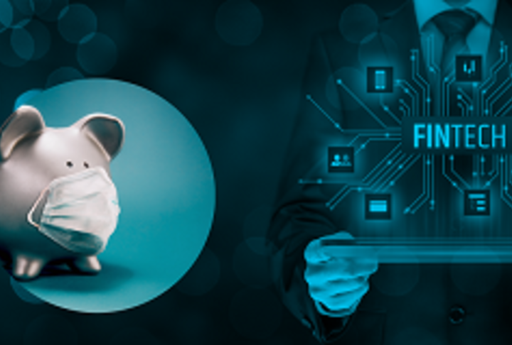 piggy bank with mask and hands holding a table with a Fintech sign