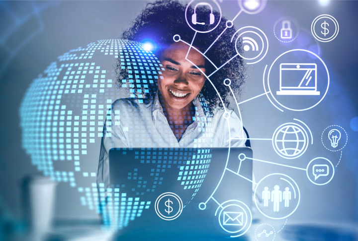 African woman with computer and signs of digital transactions, and a globe