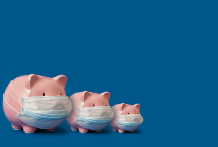 Three piggy banks with masks on a blue background