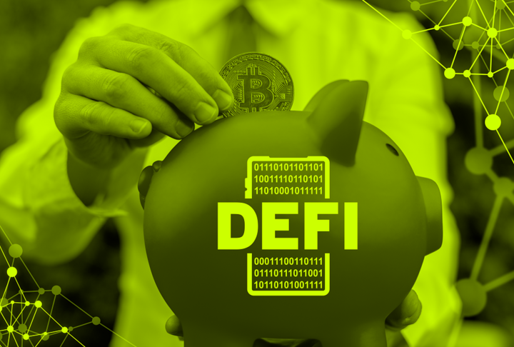 Man in suit putting a bitcoin inside a piggy bank with a DEFI label