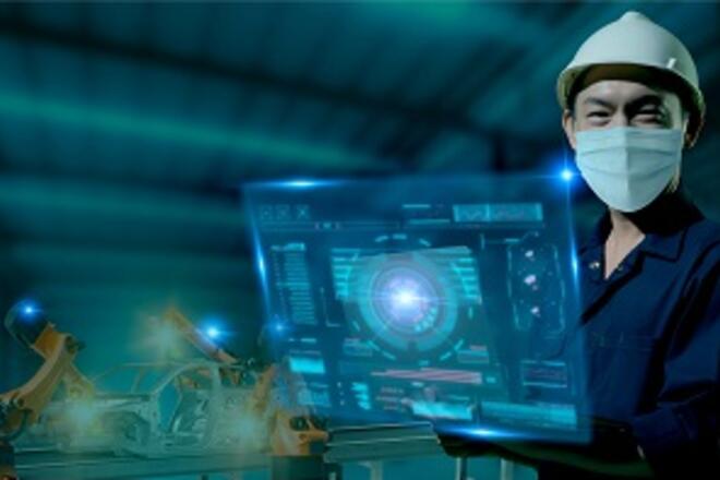 Worker with hat and mask, with a artificial intelligence square image on his hands