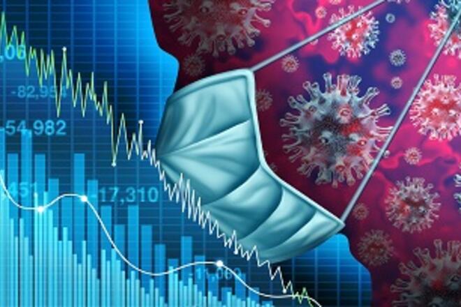 Man with covid backround and a mask over financial chart 