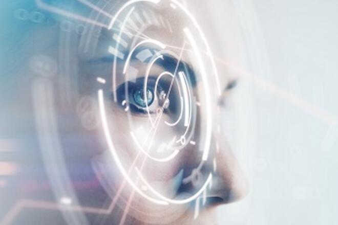woman face with eye looking through a white circle