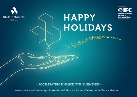 Happy Holidays card with an outlined hand throwing glitter and SME Finance Forum logo white and yellow on the navy blue background