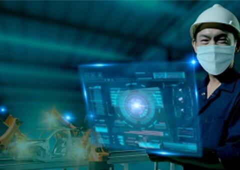 Worker with hat and mask, with a artificial intelligence square image on his hands