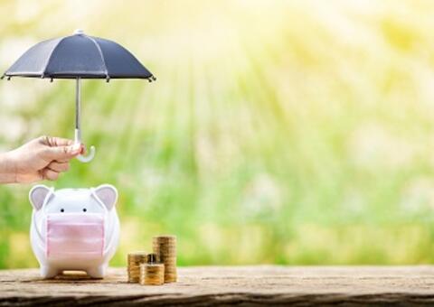 piggy bank with mask under umbrella